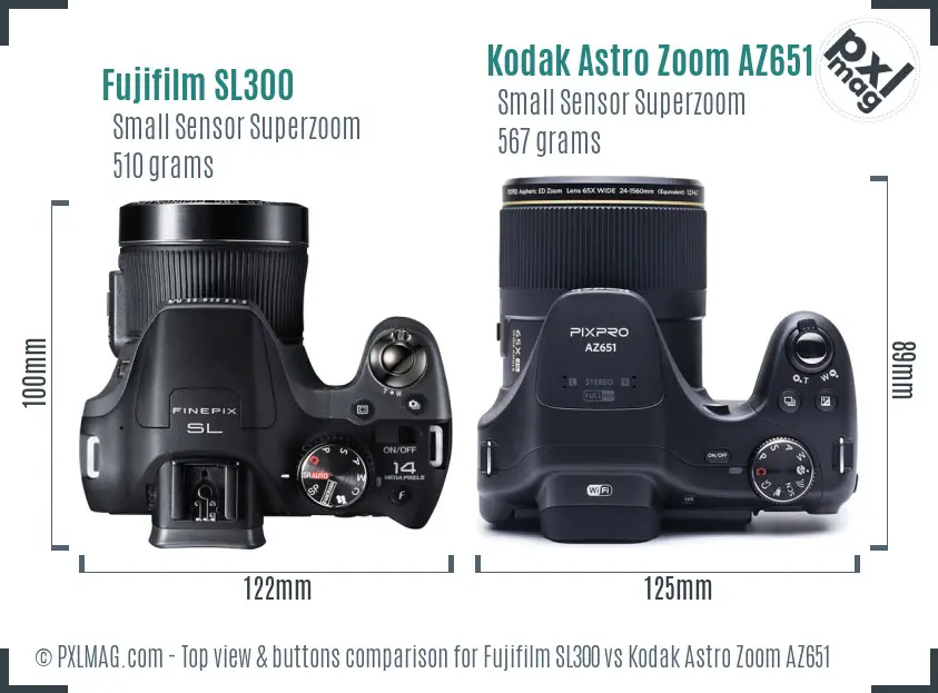 Fujifilm SL300 vs Kodak Astro Zoom AZ651 top view buttons comparison