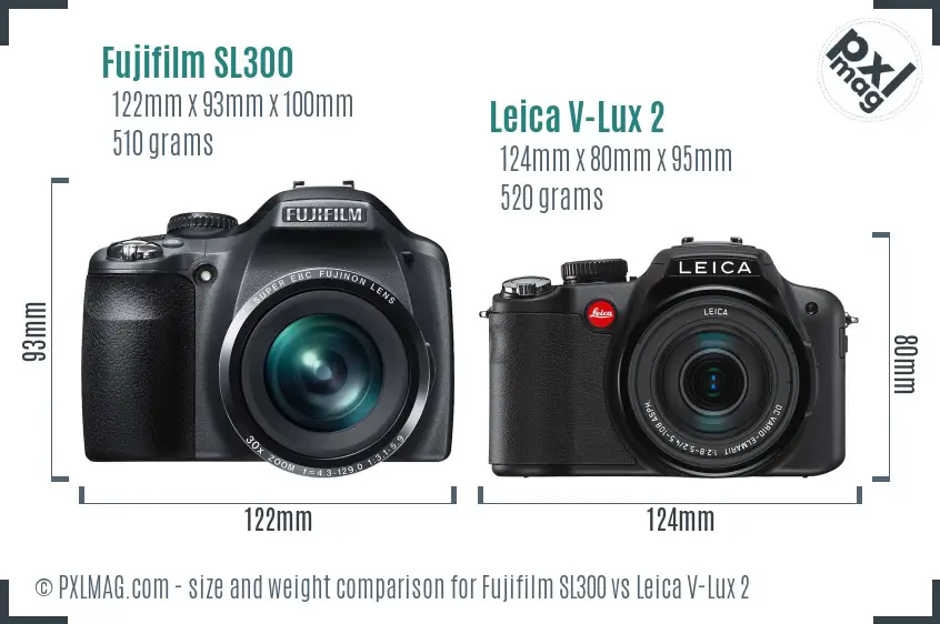 Fujifilm SL300 vs Leica V-Lux 2 size comparison