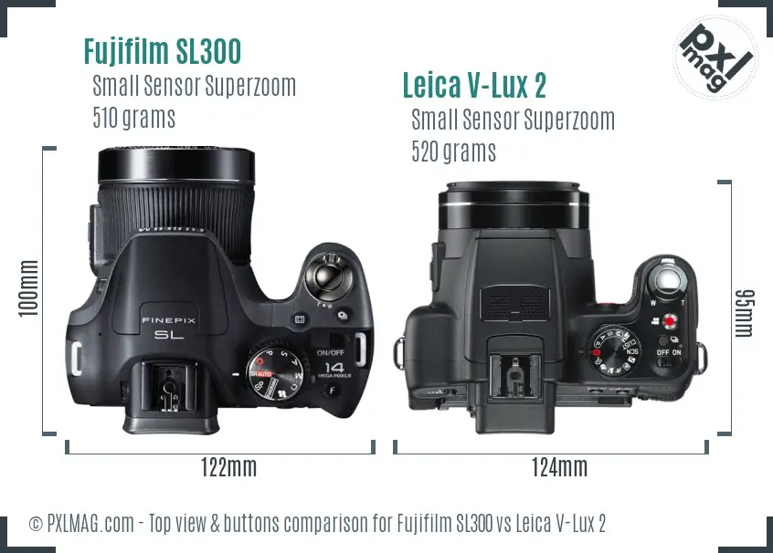 Fujifilm SL300 vs Leica V-Lux 2 top view buttons comparison