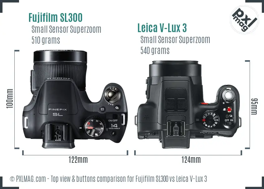 Fujifilm SL300 vs Leica V-Lux 3 top view buttons comparison Fujifilm SL300 vs Leica V-Lux 3 top view buttons comparison