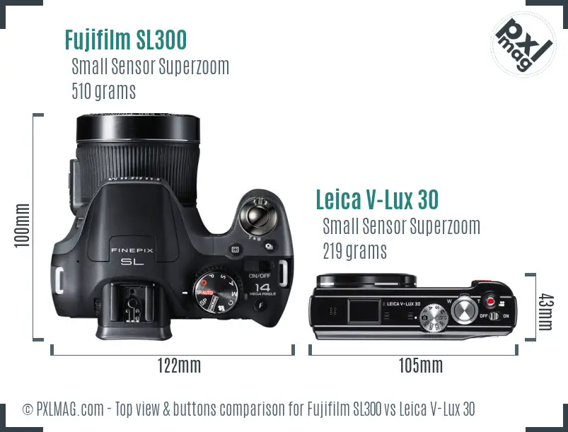 Fujifilm SL300 vs Leica V-Lux 30 top view buttons comparison