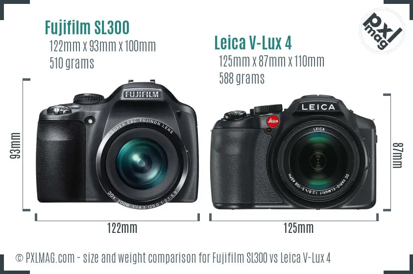 Fujifilm SL300 vs Leica V-Lux 4 size comparison