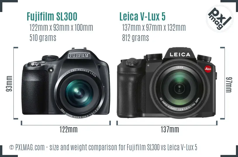 Fujifilm SL300 vs Leica V-Lux 5 size comparison