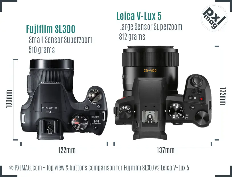 Fujifilm SL300 vs Leica V-Lux 5 top view buttons comparison
