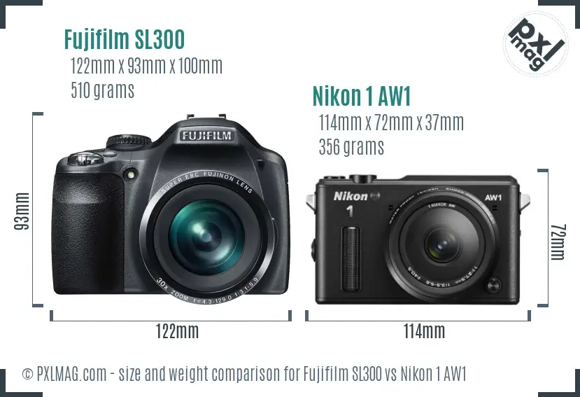 Fujifilm SL300 vs Nikon 1 AW1 size comparison