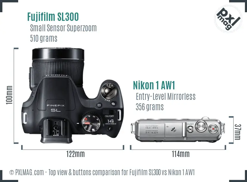 Fujifilm SL300 vs Nikon 1 AW1 top view buttons comparison