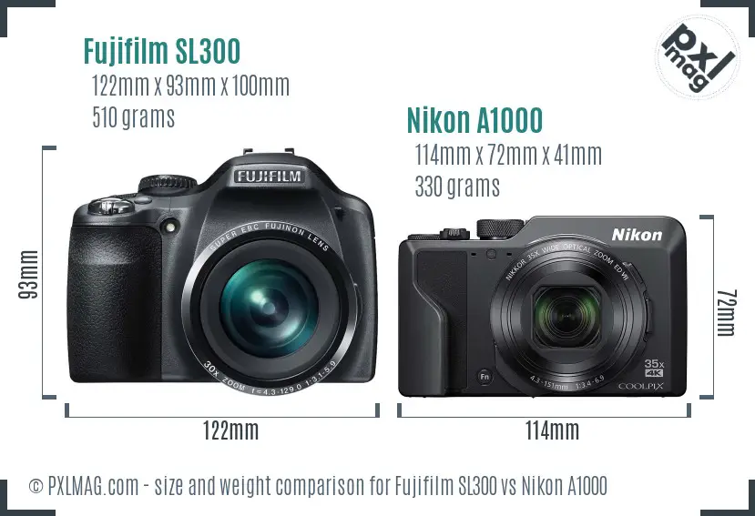 Fujifilm SL300 vs Nikon A1000 size comparison