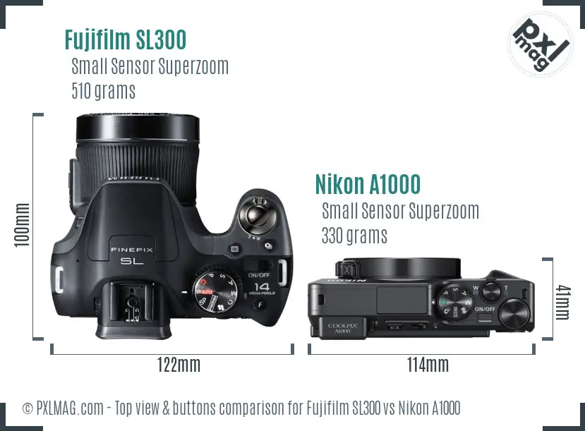 Fujifilm SL300 vs Nikon A1000 top view buttons comparison