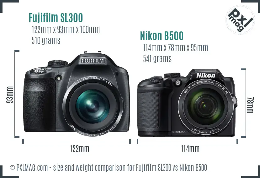 Fujifilm SL300 vs Nikon B500 size comparison