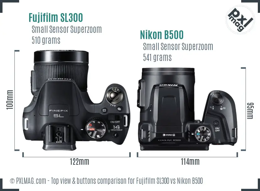 Fujifilm SL300 vs Nikon B500 top view buttons comparison