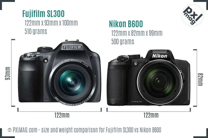 Fujifilm SL300 vs Nikon B600 size comparison