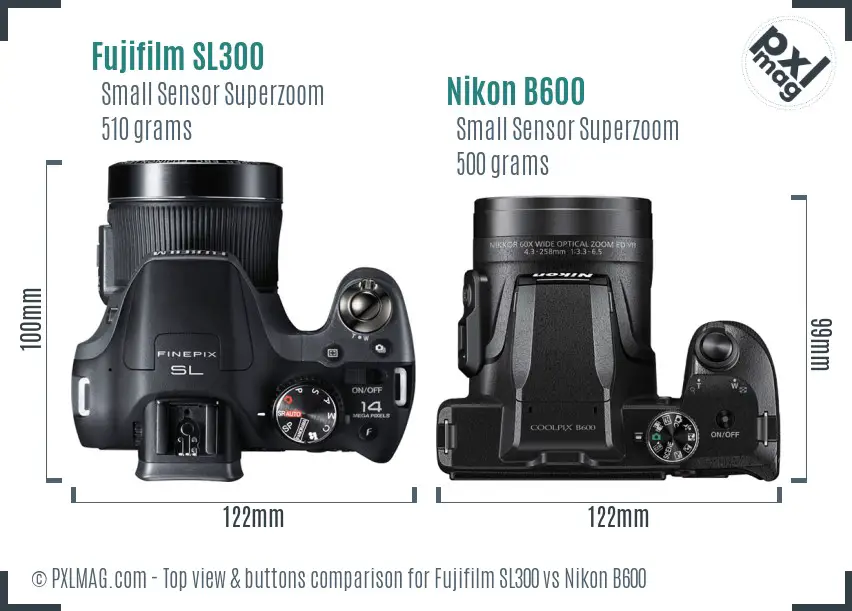 Fujifilm SL300 vs Nikon B600 top view buttons comparison