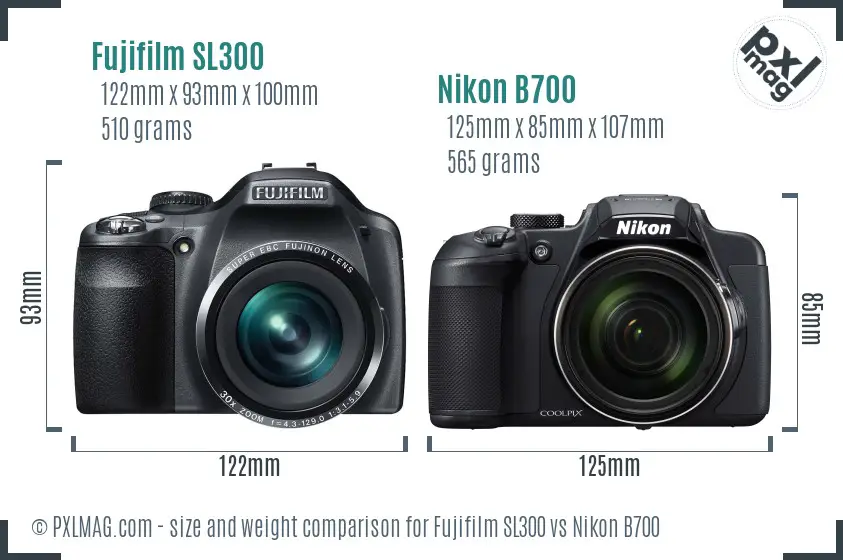 Fujifilm SL300 vs Nikon B700 size comparison