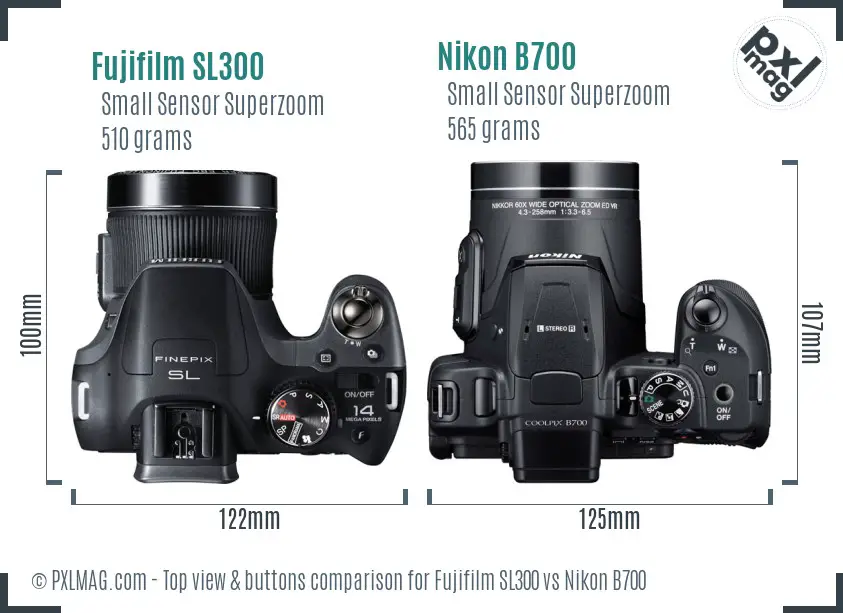Fujifilm SL300 vs Nikon B700 top view buttons comparison