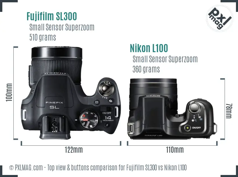 Fujifilm SL300 vs Nikon L100 top view buttons comparison