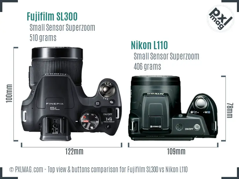 Fujifilm SL300 vs Nikon L110 top view buttons comparison