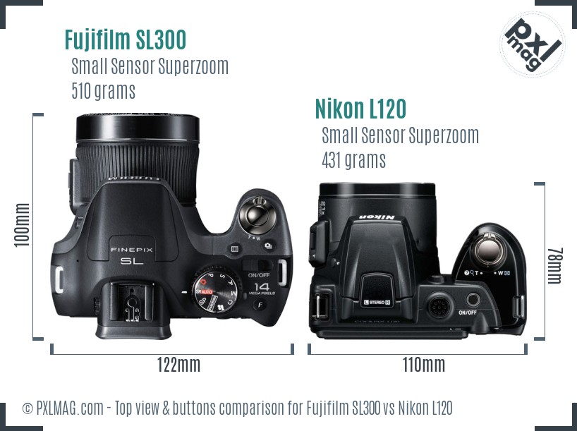 Fujifilm SL300 vs Nikon L120 top view buttons comparison