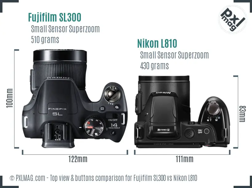 Fujifilm SL300 vs Nikon L810 top view buttons comparison