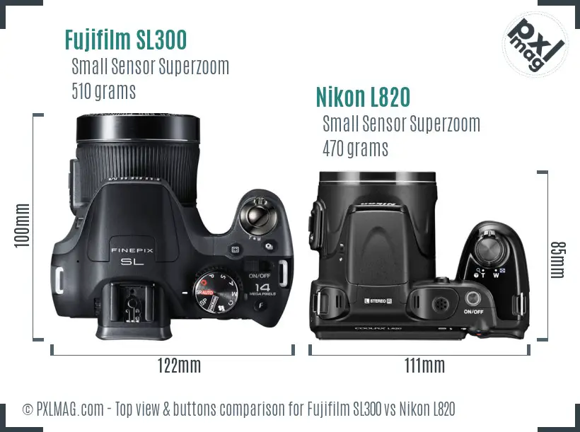 Fujifilm SL300 vs Nikon L820 top view buttons comparison Fujifilm SL300 vs Nikon L820 top view buttons comparison