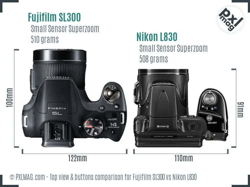 Fujifilm SL300 vs Nikon L830 top view buttons comparison