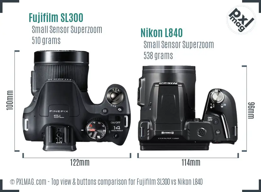 Fujifilm SL300 vs Nikon L840 top view buttons comparison