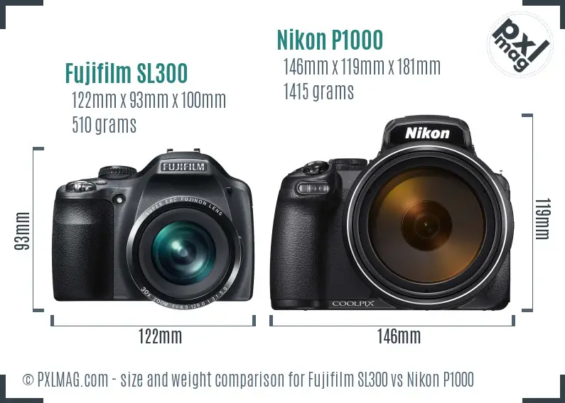 Fujifilm SL300 vs Nikon P1000 size comparison