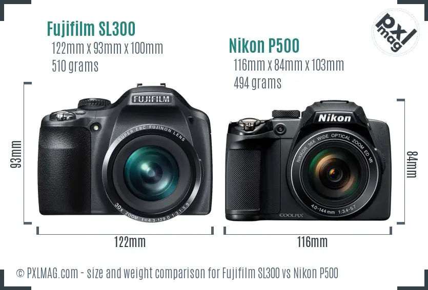 Fujifilm SL300 vs Nikon P500 size comparison Fujifilm SL300 vs Nikon P500 size comparison