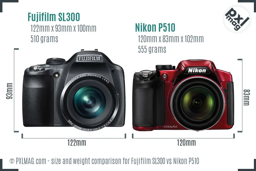 Fujifilm SL300 vs Nikon P510 size comparison