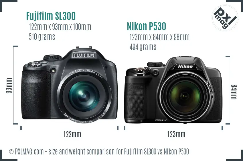 Fujifilm SL300 vs Nikon P530 size comparison Fujifilm SL300 vs Nikon P530 size comparison