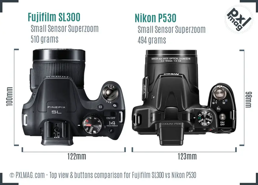 Fujifilm SL300 vs Nikon P530 top view buttons comparison