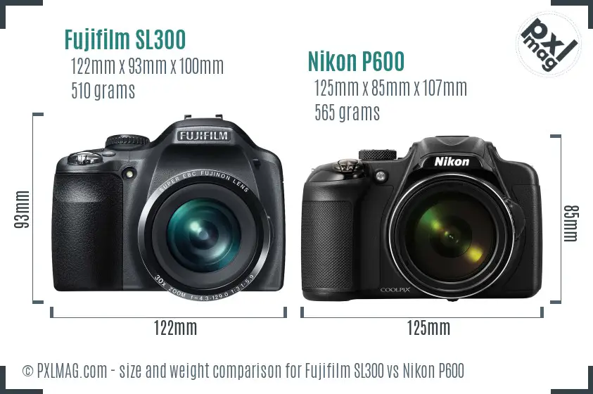 Fujifilm SL300 vs Nikon P600 size comparison Fujifilm SL300 vs Nikon P600 size comparison