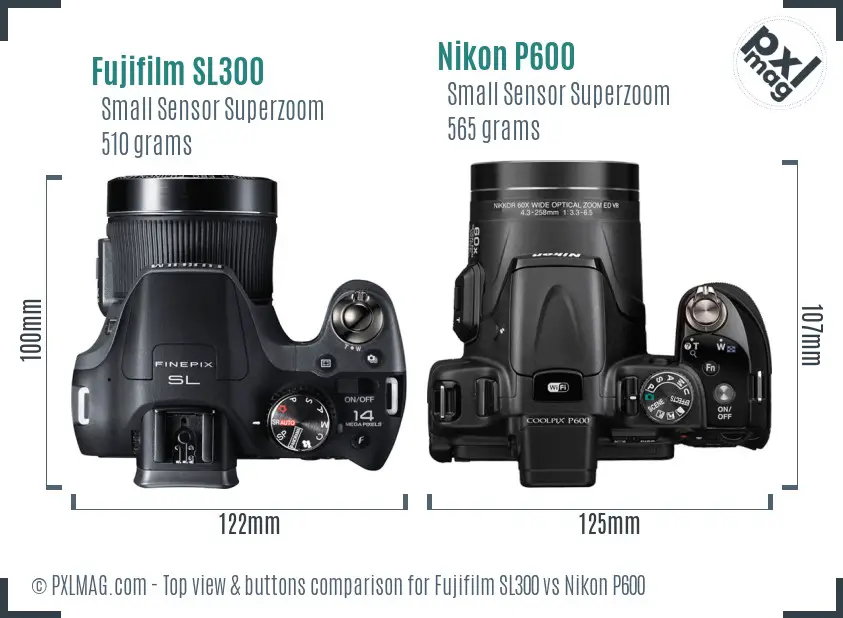 Fujifilm SL300 vs Nikon P600 top view buttons comparison Fujifilm SL300 vs Nikon P600 top view buttons comparison