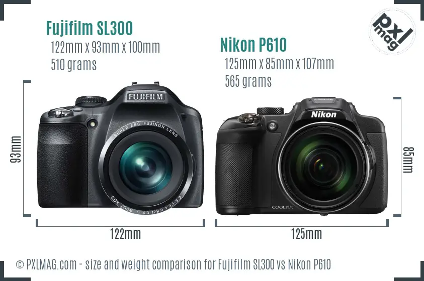 Fujifilm SL300 vs Nikon P610 size comparison