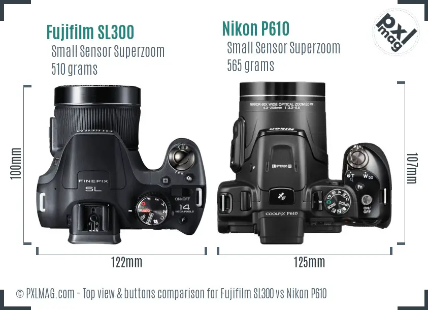 Fujifilm SL300 vs Nikon P610 top view buttons comparison