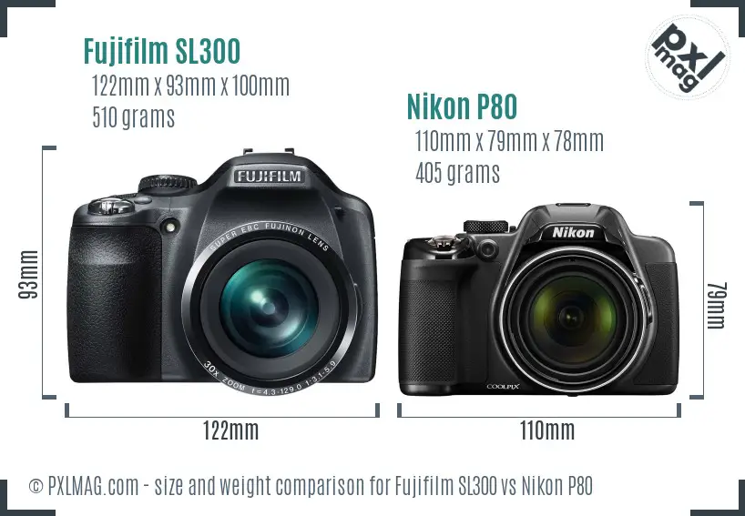 Fujifilm SL300 vs Nikon P80 size comparison