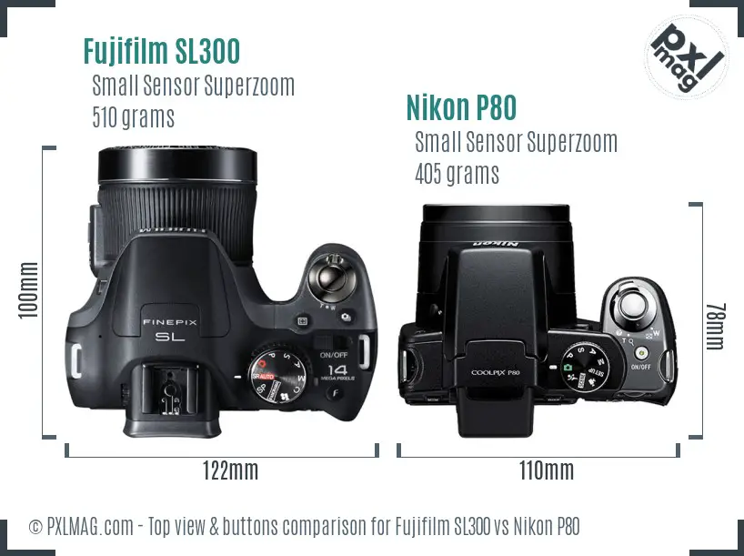 Fujifilm SL300 vs Nikon P80 top view buttons comparison