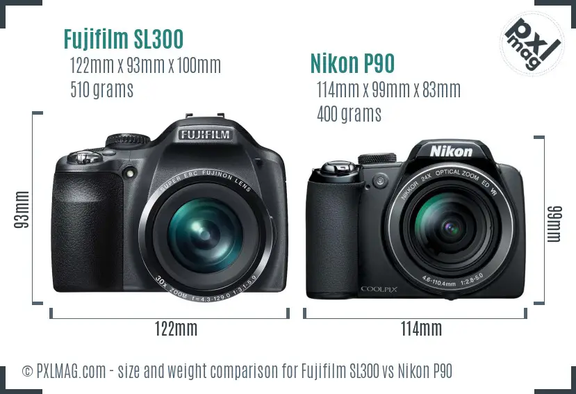 Fujifilm SL300 vs Nikon P90 size comparison