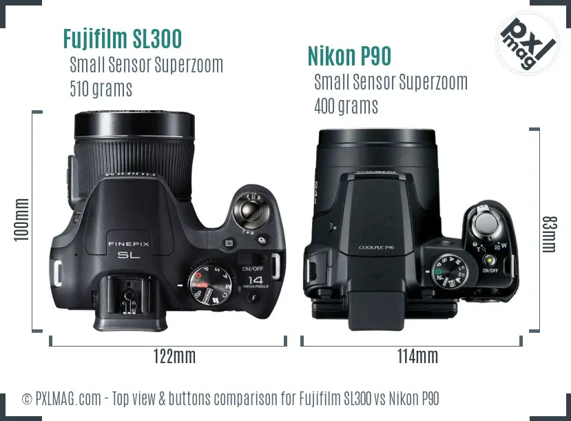 Fujifilm SL300 vs Nikon P90 top view buttons comparison