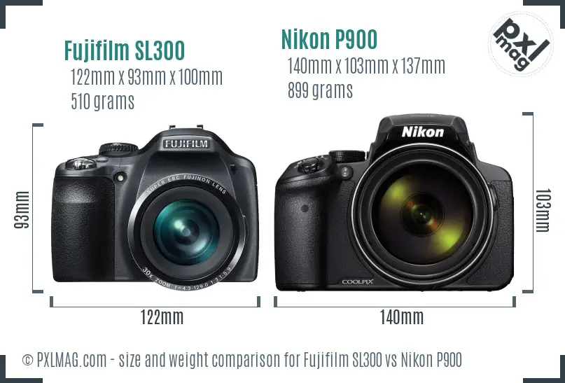 Fujifilm SL300 vs Nikon P900 size comparison