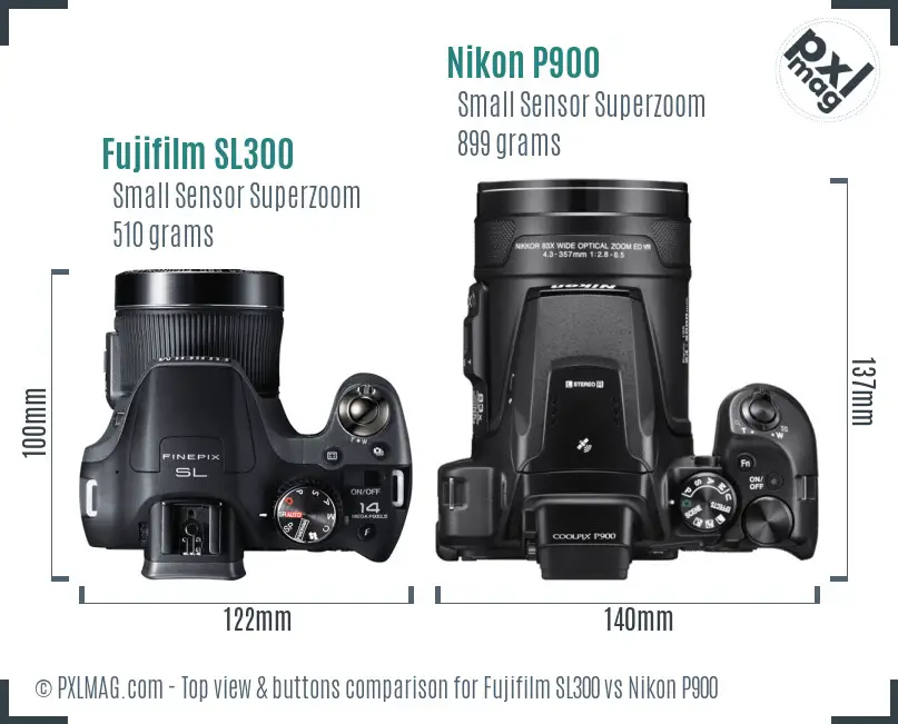 Fujifilm SL300 vs Nikon P900 top view buttons comparison