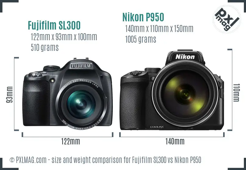 Fujifilm SL300 vs Nikon P950 size comparison