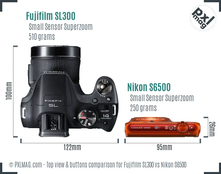 Fujifilm SL300 vs Nikon S6500 top view buttons comparison