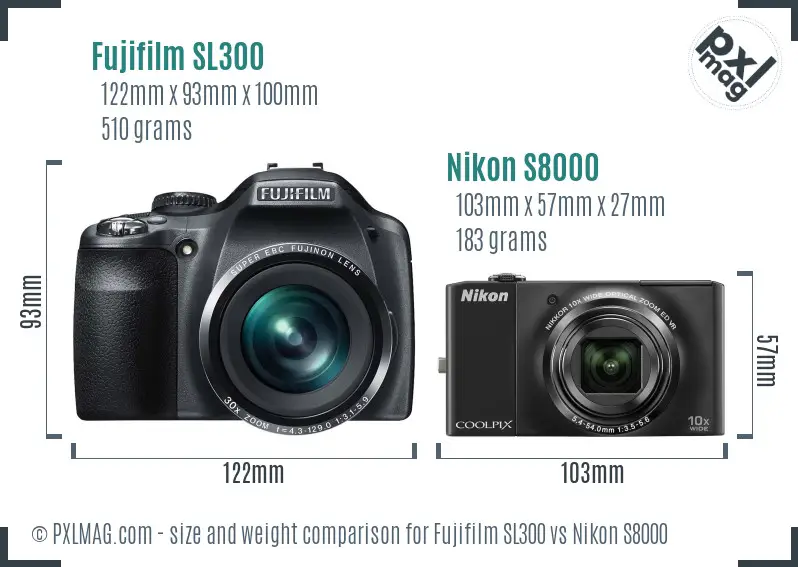 Fujifilm SL300 vs Nikon S8000 size comparison