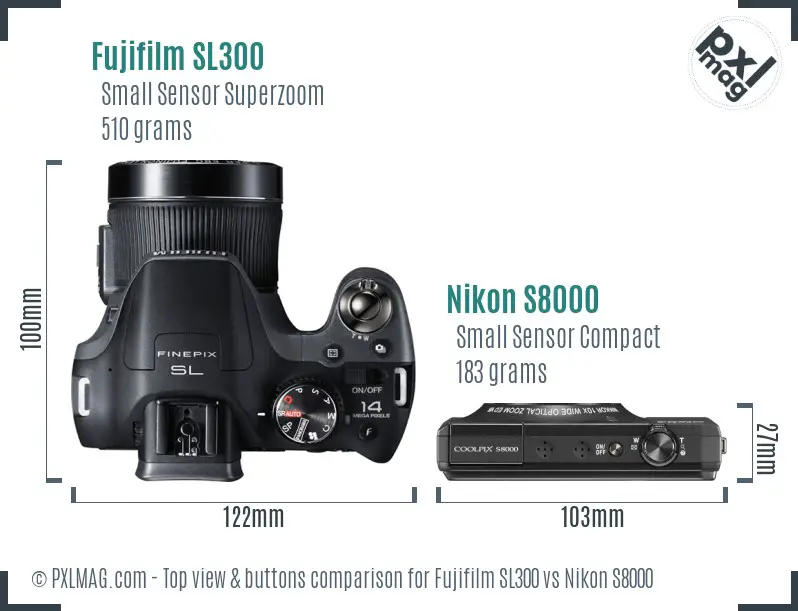 Fujifilm SL300 vs Nikon S8000 top view buttons comparison