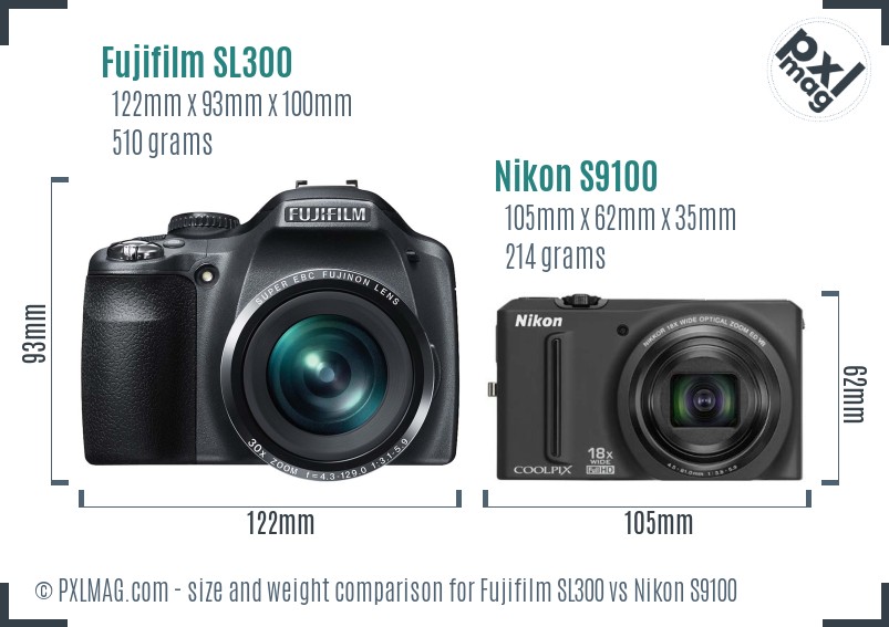 Fujifilm SL300 vs Nikon S9100 size comparison