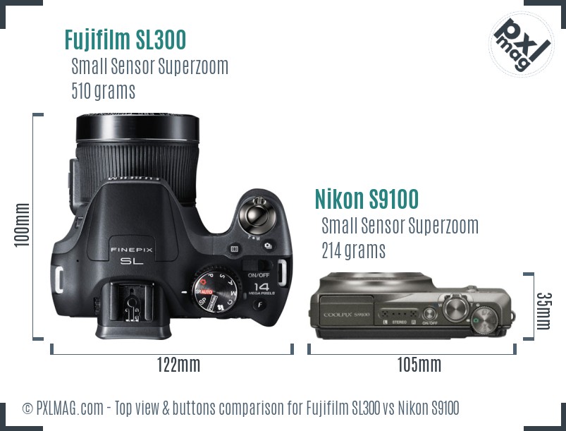 Fujifilm SL300 vs Nikon S9100 top view buttons comparison