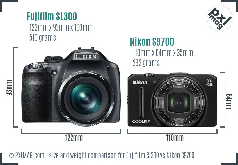 Fujifilm SL300 vs Nikon S9700 size comparison