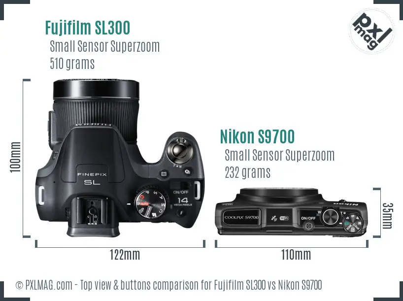 Fujifilm SL300 vs Nikon S9700 top view buttons comparison