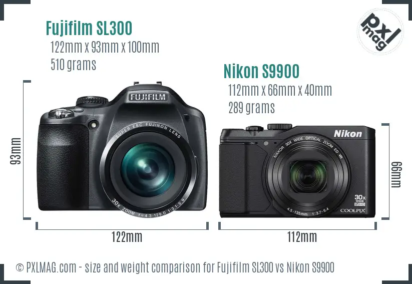 Fujifilm SL300 vs Nikon S9900 size comparison