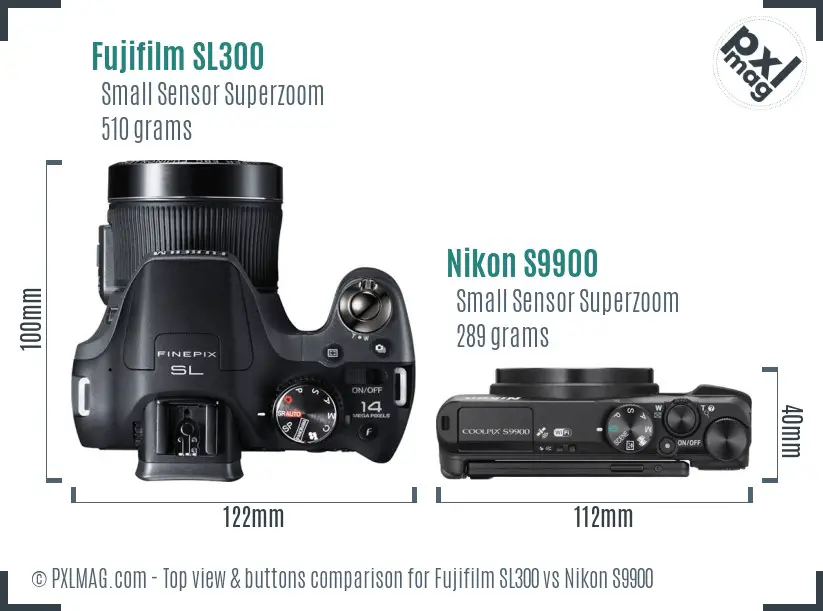 Fujifilm SL300 vs Nikon S9900 top view buttons comparison